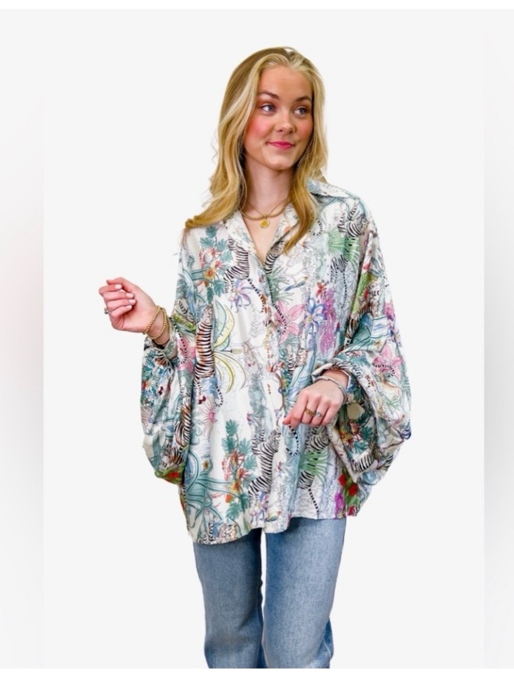 Beulah Style Blouse Bengal Tiger Jungle Balloon Sleeve Top OS